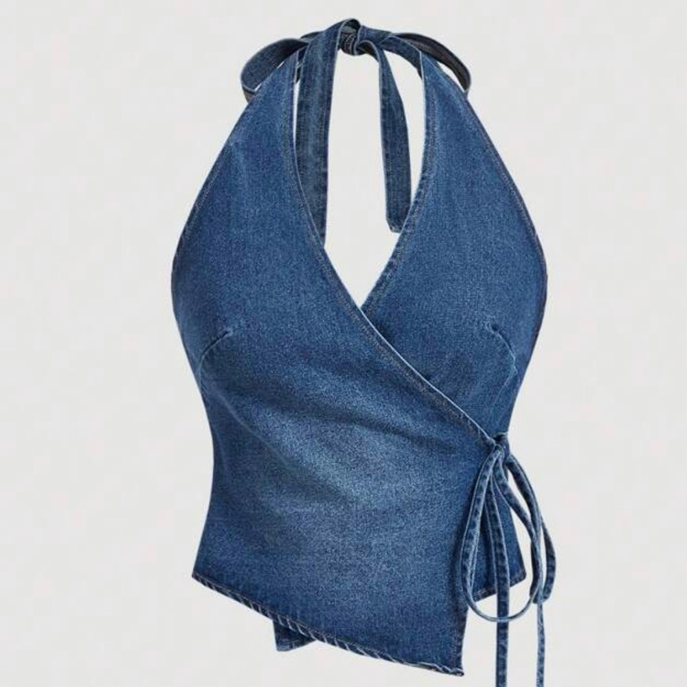Denim Halter Wrap Top cropped jean shirt western line dancing open back S M L 6